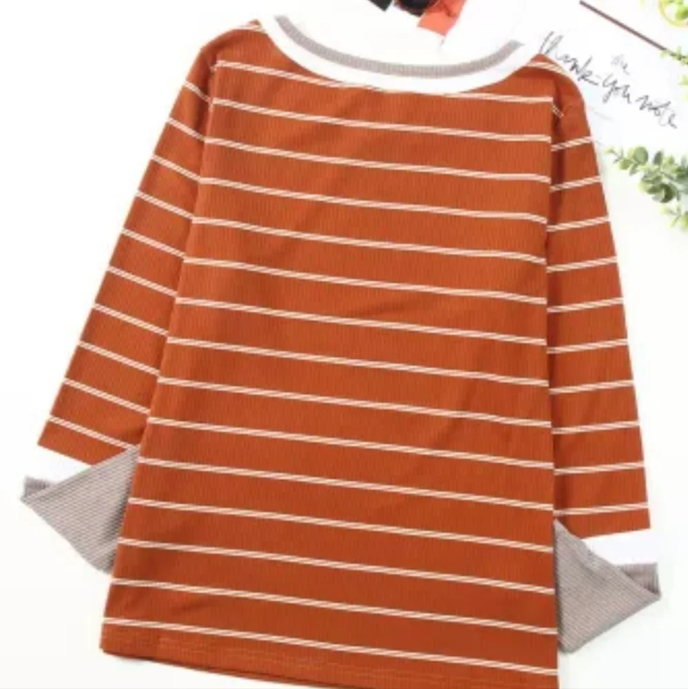 New Brown Extend Color Block Cuffs Rib Knit Striped Pullover - Picture 11 of 16